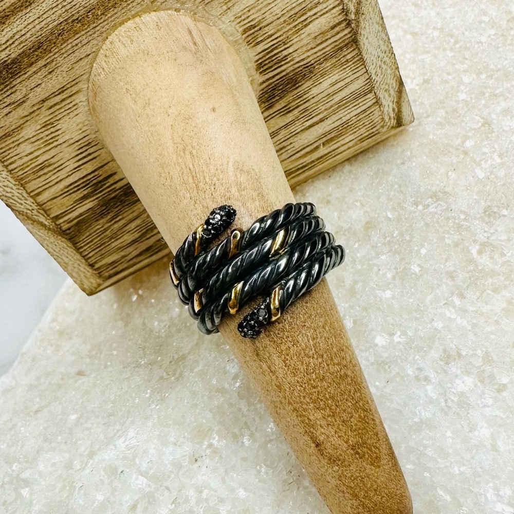 EUC David Yurman Blackened Silver & Gold Willow Serpent Ring w/ Black Diamonds